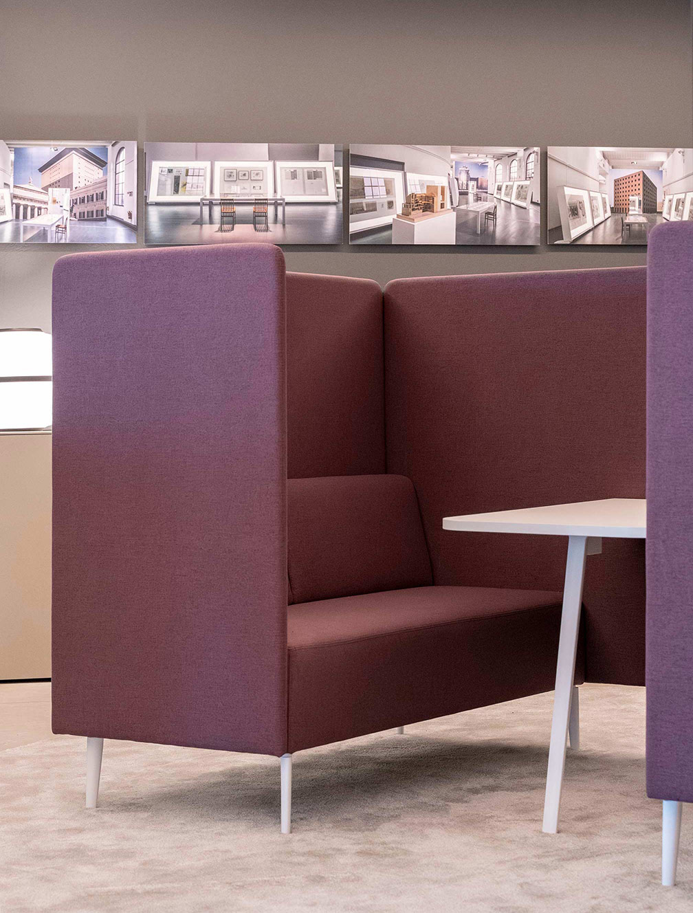 Prive sofa Della Chiara divano fonoassorbente dettaglio seduta e pannello laterale