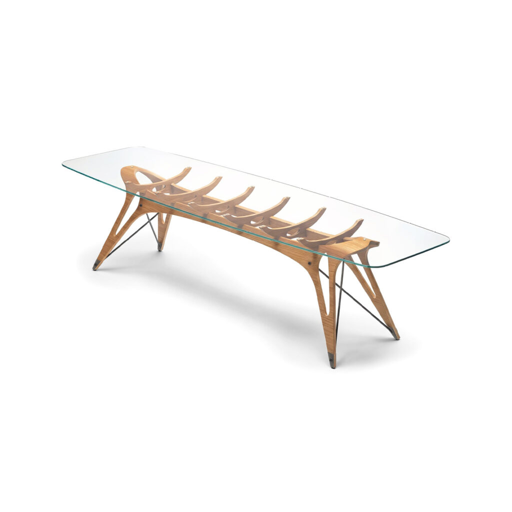 Zanotta-Vertebra-tavolo-cristallo-legno-design-Carlo-Mollino